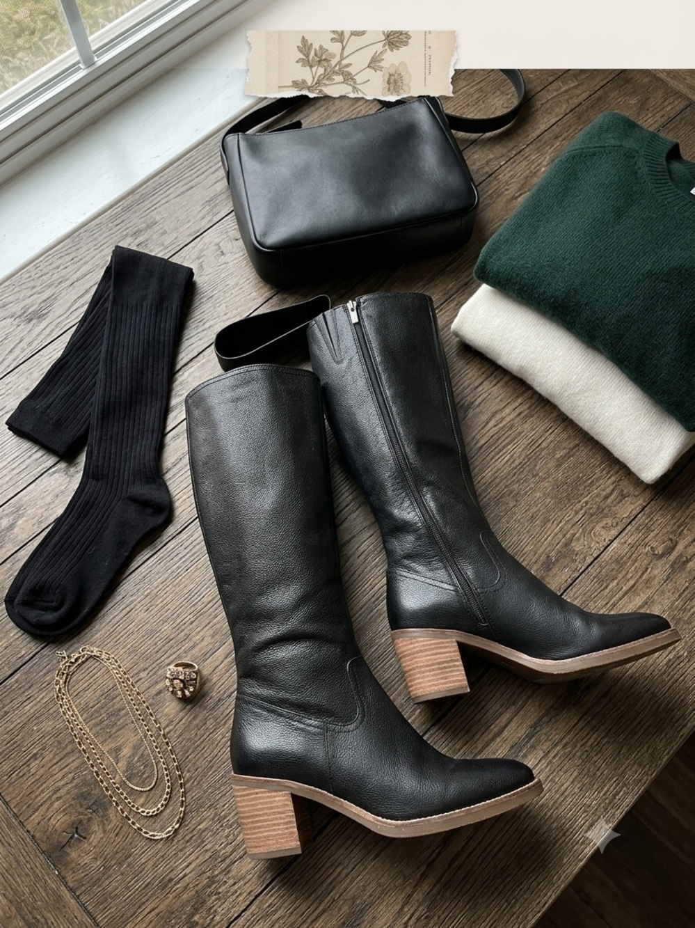 Classic Black Leather Mid-Calf Heeled Boots